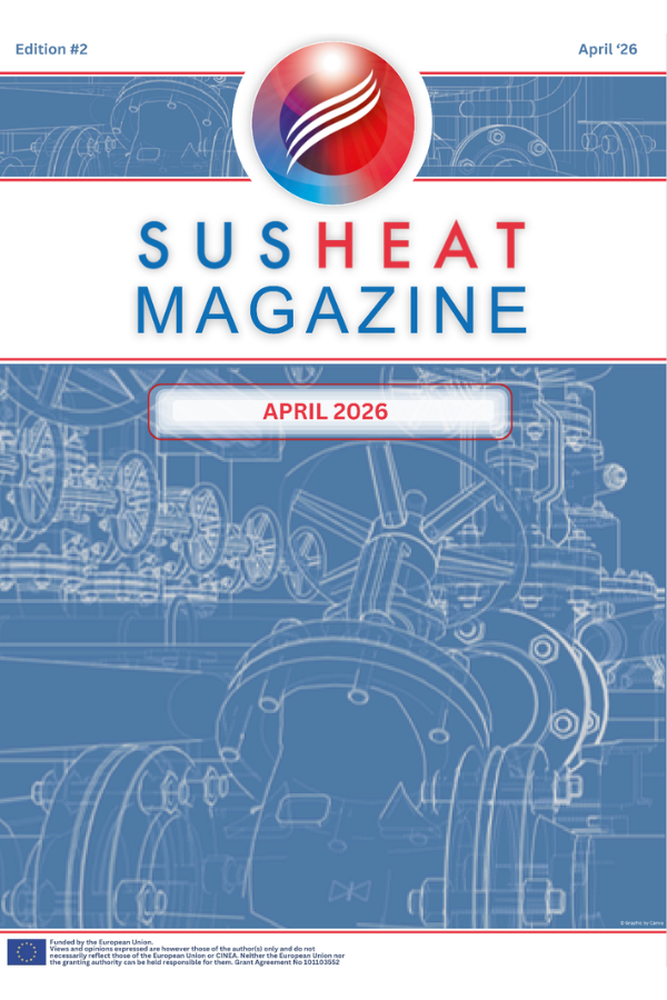 Cover of SUSHEAT MAGAZINE, Edition #2, April 2026, featuring a blueprint-style illustration of industrial piping and valves with the magazine title and date prominently displayed.