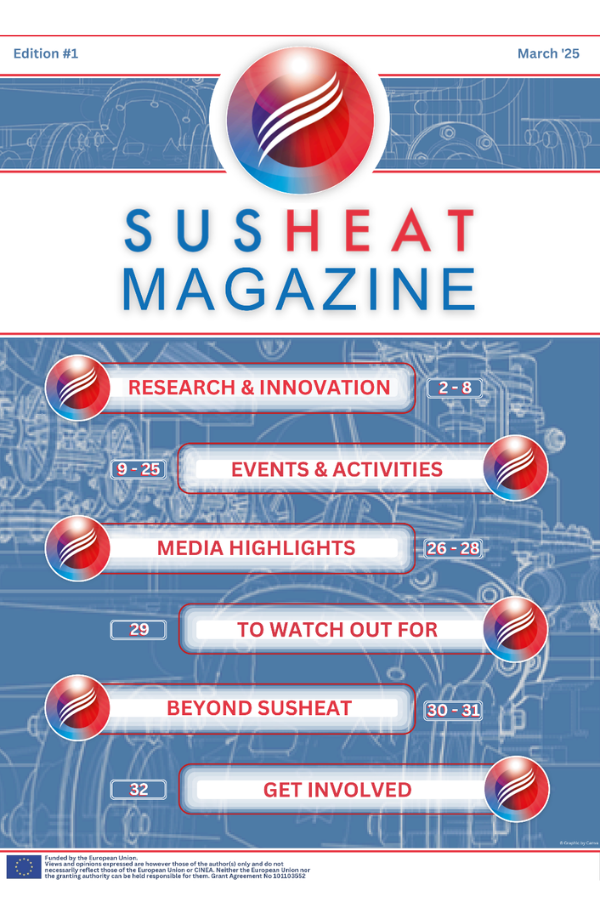 Cover of SUSHEAT Magazine, Edition #1, March '25, featuring sections on Research & Innovation, Events & Activities, Media Highlights, To Watch Out For, Beyond SUSHEAT, and Get Involved.