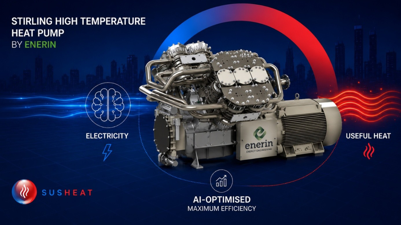 An artificial intelligence generated image illustrating a large industrial heat pump is centered against a dark blue city skyline background, with a blue-to-red circular flow graphic illustrating the conversion of electricity into useful heat. Text reads "Stirling High Temperature Heat Pump by Enerin," with icons labeled "Electricity," "AI-Optimised Maximum Efficiency," and "Useful Heat." The Enerin logo appears on the machine, and the SUSHEAT logo is displayed in the bottom-left corner.