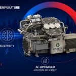 An artificial intelligence generated image illustrating a large industrial heat pump is centered against a dark blue city skyline background, with a blue-to-red circular flow graphic illustrating the conversion of electricity into useful heat. Text reads "Stirling High Temperature Heat Pump by Enerin," with icons labeled "Electricity," "AI-Optimised Maximum Efficiency," and "Useful Heat." The Enerin logo appears on the machine, and the SUSHEAT logo is displayed in the bottom-left corner.