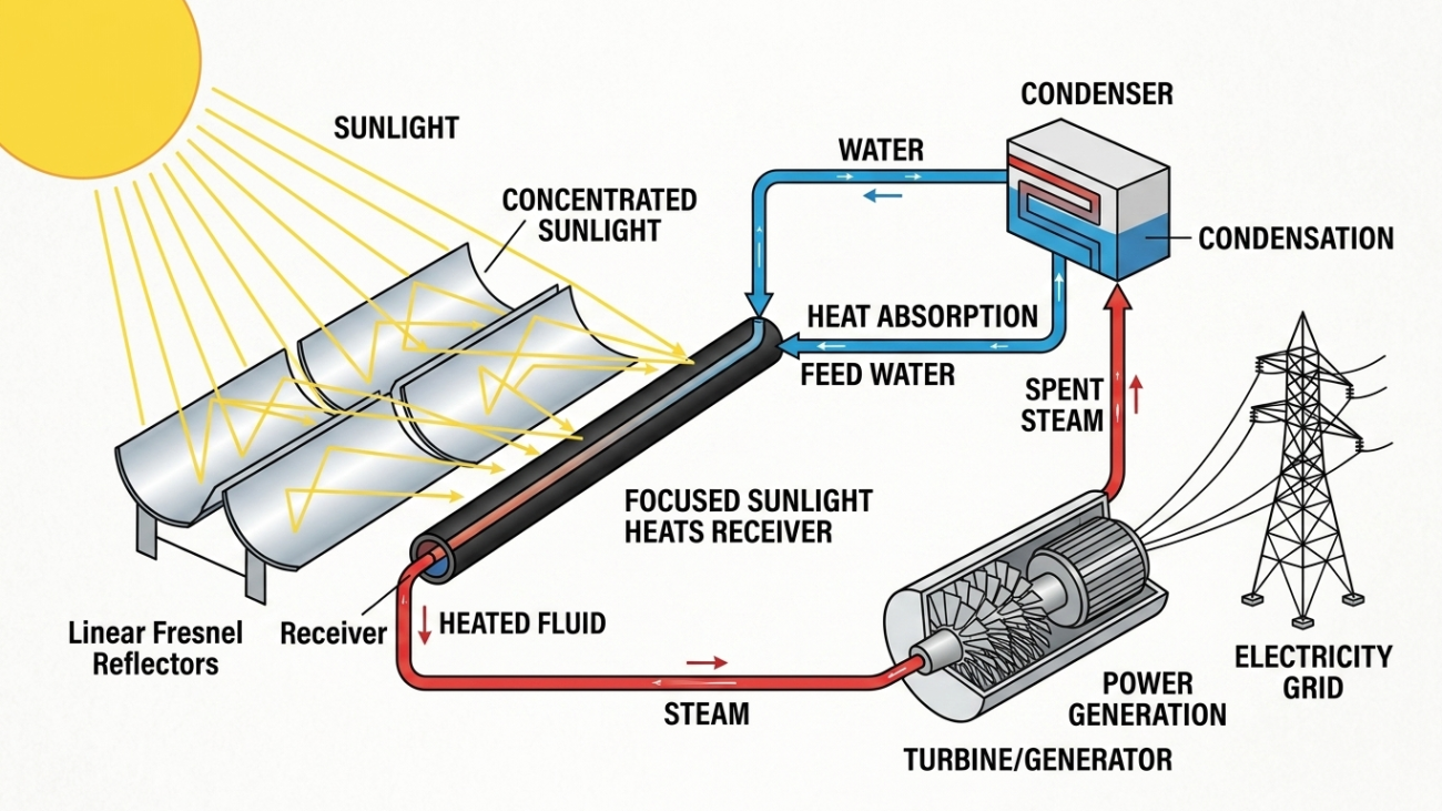 Diagram showing how a linear Fresnel solar collector generates electricity. Sunlight is reflected and concentrated by rows of linear Fresnel mirrors onto a receiver tube, heating a fluid that produces steam. The steam drives a turbine and generator to produce electricity for the grid. Spent steam is cooled in a condenser, where it becomes water and is returned as feedwater to the receiver, completing the cycle.