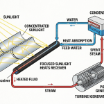 Diagram showing how a linear Fresnel solar collector generates electricity. Sunlight is reflected and concentrated by rows of linear Fresnel mirrors onto a receiver tube, heating a fluid that produces steam. The steam drives a turbine and generator to produce electricity for the grid. Spent steam is cooled in a condenser, where it becomes water and is returned as feedwater to the receiver, completing the cycle.